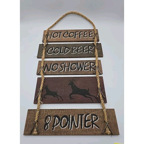 Rustic Cross Nails Wooden Hunter Cabin Wall Art Cold Beer Hot Coffee 8 Pointer - Picture 1 of 5